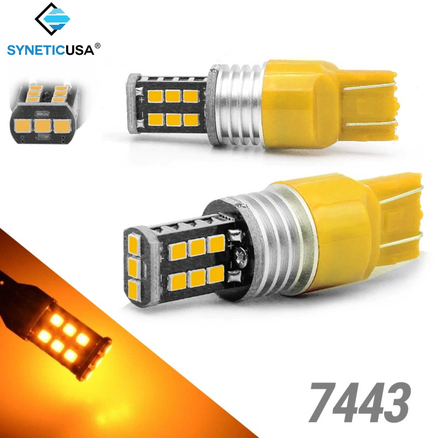 Yellow LED bulbs with close-up syneticusa branding on a white background.