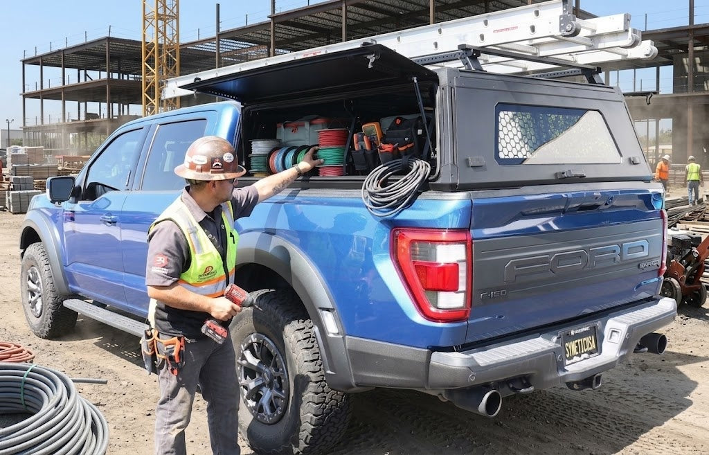 A blue Ford pickup truck with a black hardtop canopy and roof rack is parked at a construction site, with a worker standing beside it and pointing toward equipment stored inside the truck bed.
