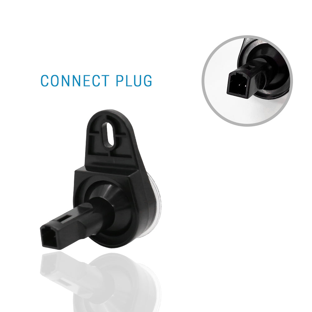 A black plastic automotive connector plug shown on a white background, with blue text reading 'CONNECT PLUG' and a circular inset close-up of the connector end.