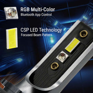 LED light with RGB multi-color and Bluetooth app control features on a dark background.