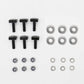 A hardware kit containing black hex-head bolts, silver flat washers, silver lock washers, and silver nuts, arranged neatly on a plain white background.