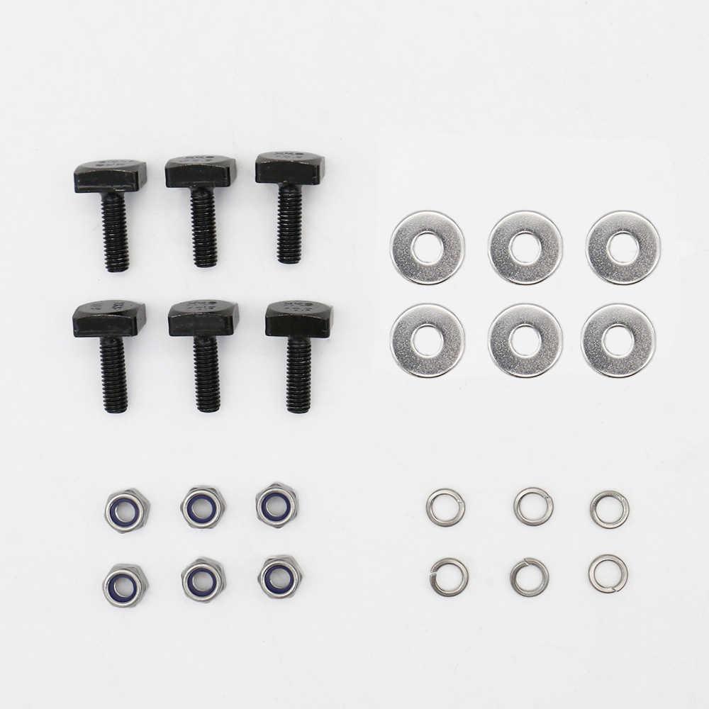 A hardware kit containing black hex-head bolts, silver flat washers, silver lock washers, and silver nuts, arranged neatly on a plain white background.
