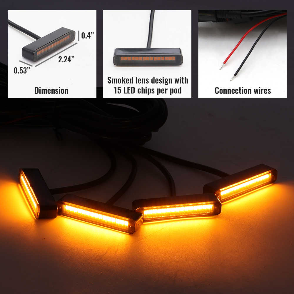 LED light bar with dimensions, smoked lens design, and connection wires displayed.