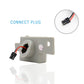 A gray plastic electrical component with a circular opening and a small attached black connector with red and black wires. Blue text reads 'CONNECT PLUG,' and a circular inset at the top right shows a close-up of the connector.