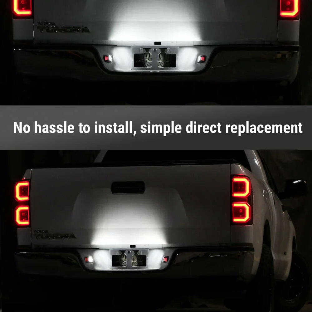 Car tail lights with text 'No hassle to install, simple direct replacement' on a black background