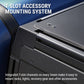 Close-up of a dark gray T-slot mounting system on a vehicle frame, with white text reading 'T-SLOT ACCESSORY MOUNTING SYSTEM' at the top and descriptive text at the bottom.