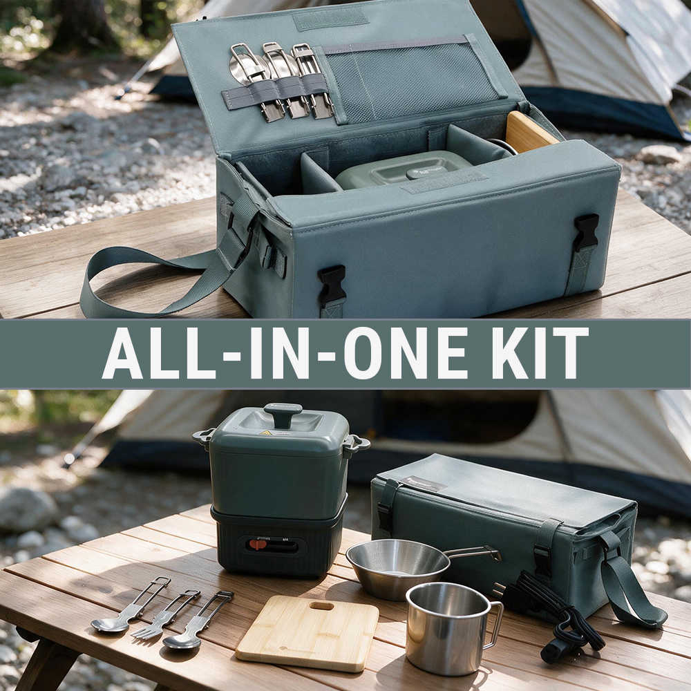 An outdoor camping cookware set displayed on a wooden table with a tent in the background. The set includes a large sage green carrying case, a matching multi-level pot, metal utensils, a cutting board, and cookware.