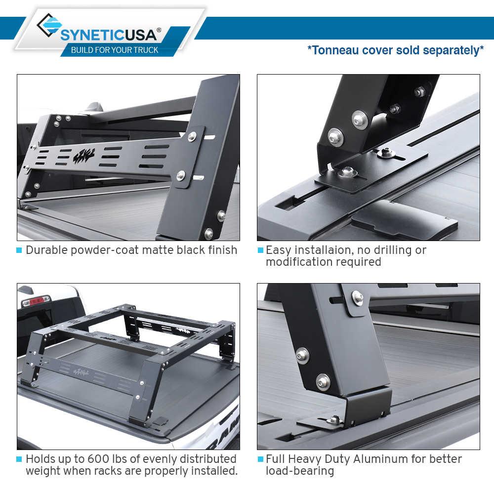 SYNETICUSA truck bed rack with features highlighted on a white background