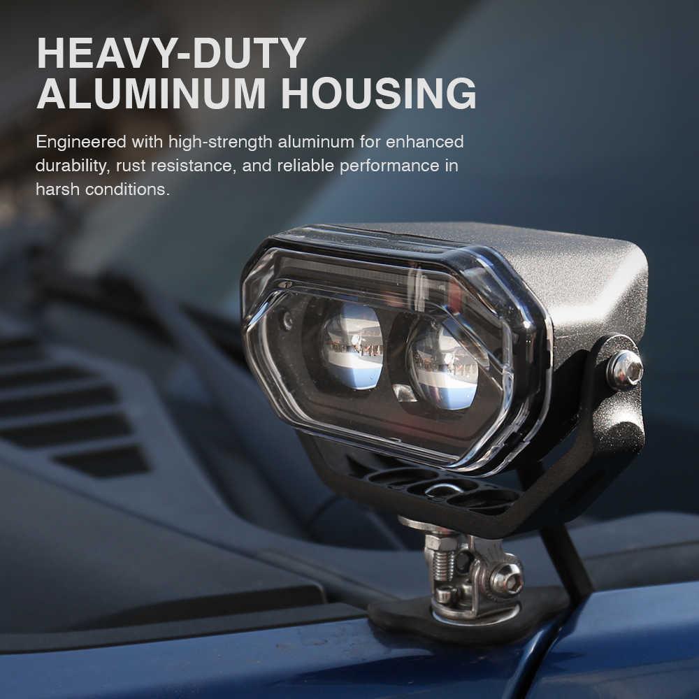 Heavy-duty aluminum housing light on a vehicle with text about durability and performance.