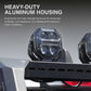 Heavy-duty aluminum housing for vehicle lights with text on durability and performance.