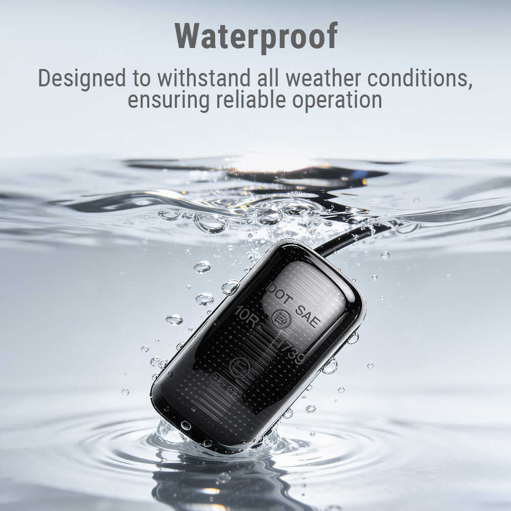 Black device with SAE logo submerged in water, text indicating waterproof design.