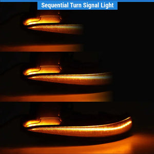 Sequential turn signal light sequence on a dark background
