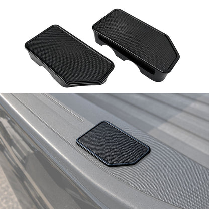 Two black textured plastic truck bed liner guards shown on a white background, with one also pictured installed on the side of a gray pickup truck bed.