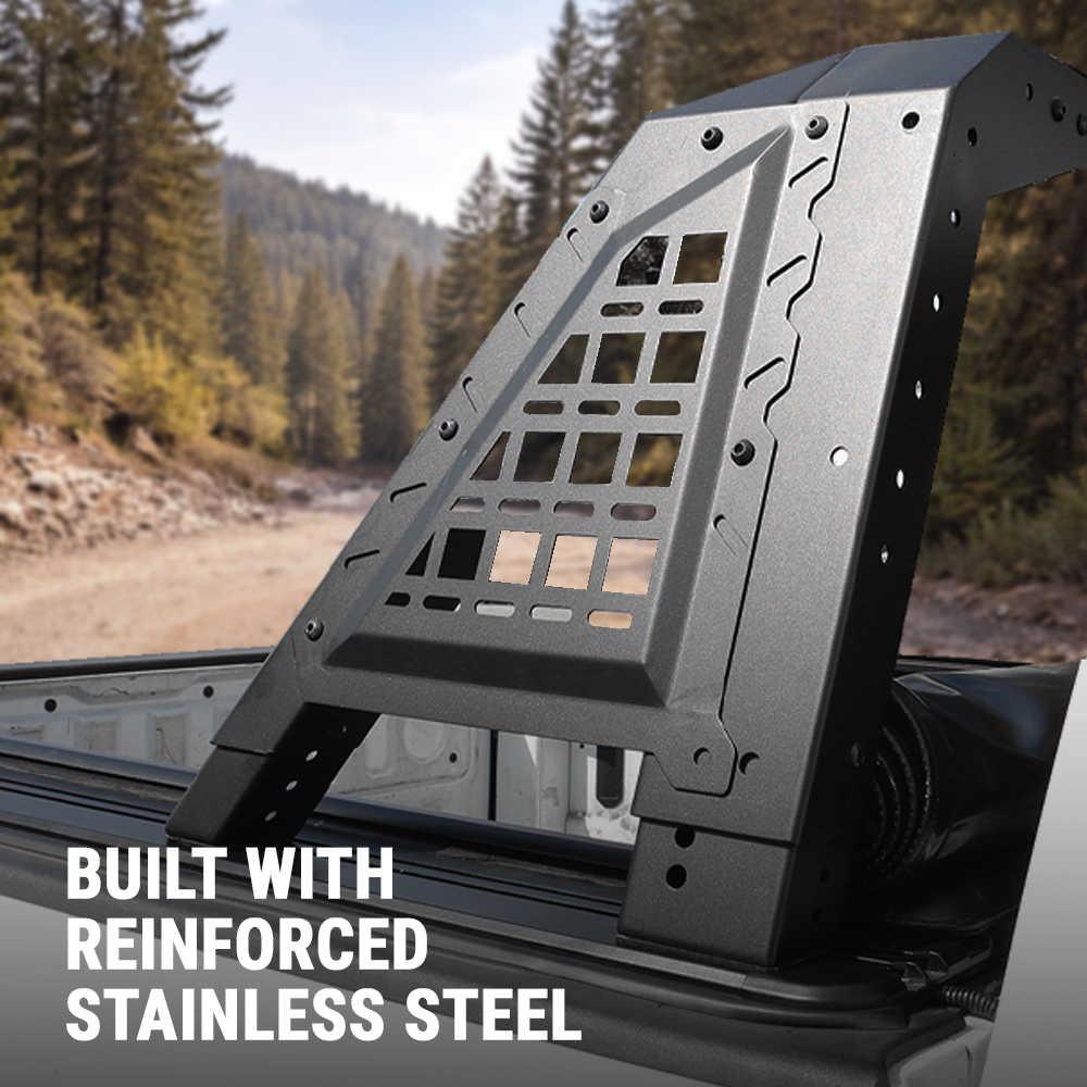 Reinforced stainless steel rack on a vehicle with a forest background