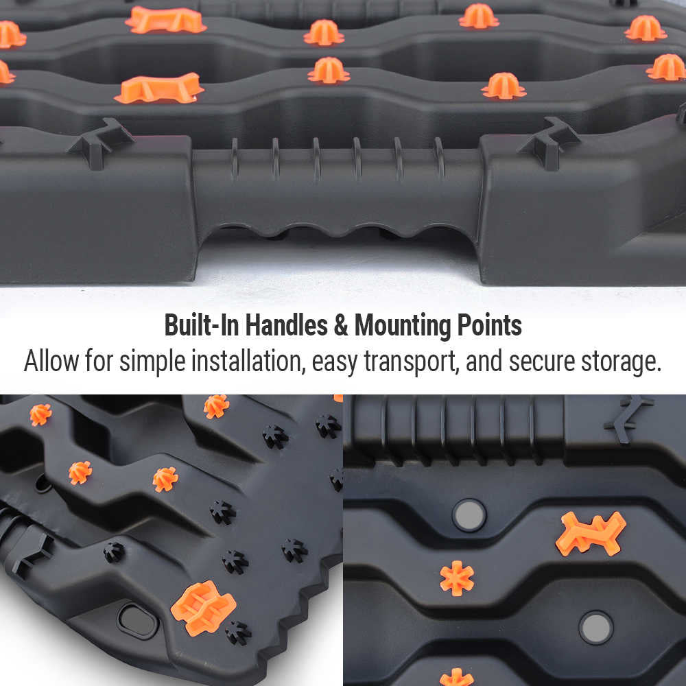 Black plastic mat with built-in handles and mounting points on a white background