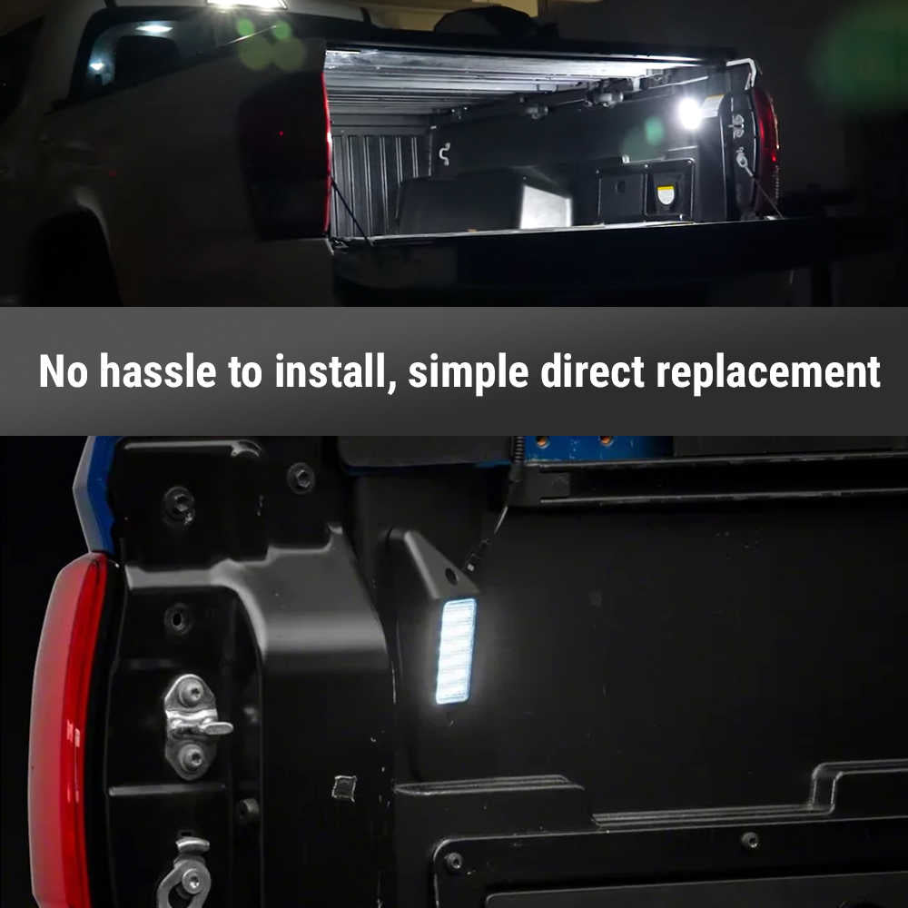 Close-up of a vehicle's tail light assembly with text 'No hassle to install, simple direct replacement'.