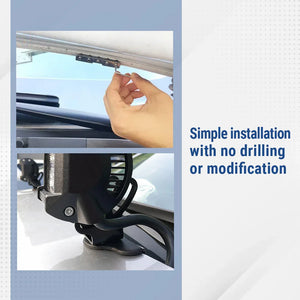 Hand installing a car spot light with text 'Simple installation with no drilling or modification' on a light blue background.
