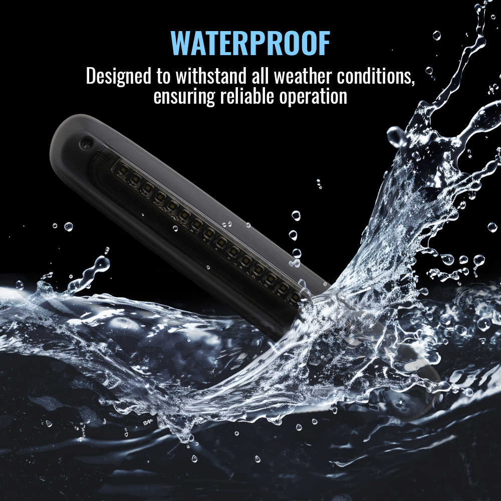 led 3rd brake light with water splashing around it, emphasizing waterproof feature.