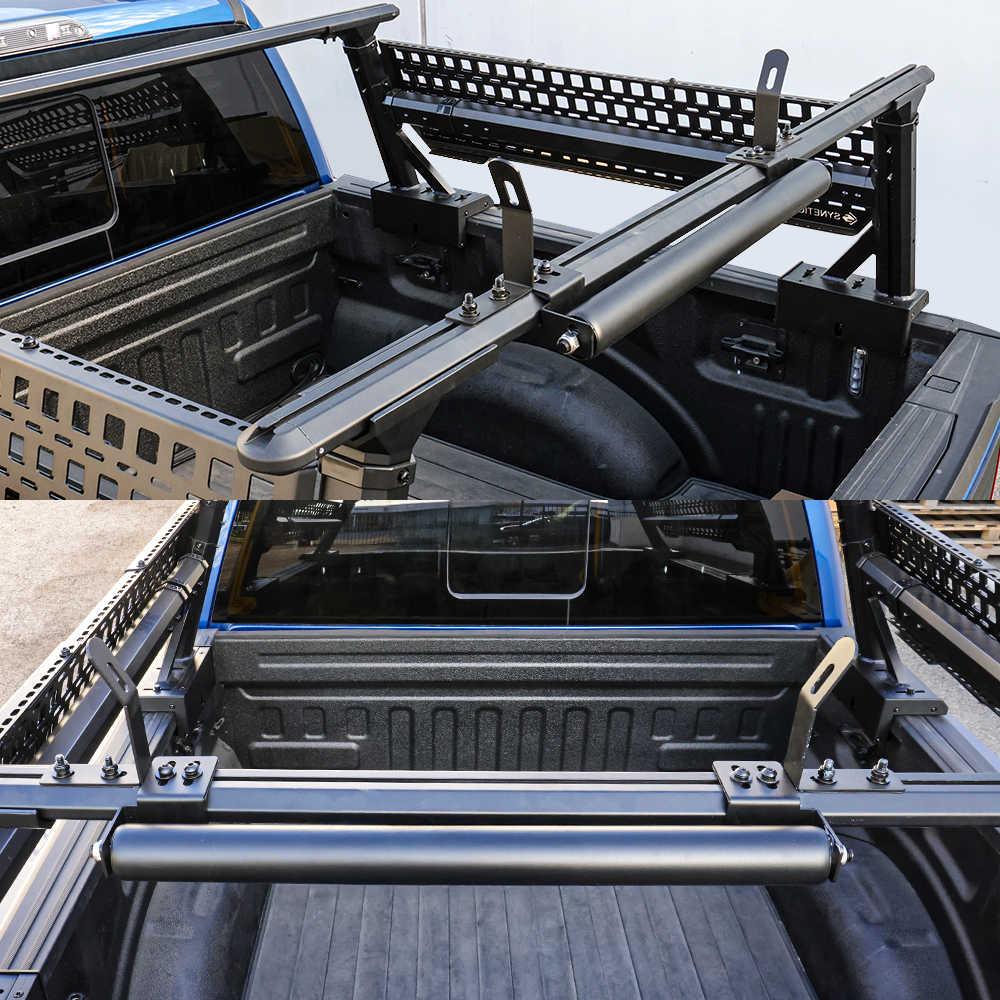 Truck bed with ladder rack system on a clear day