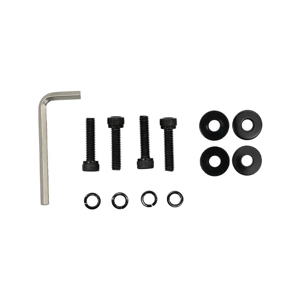 Set of screws, washers, and an Allen key on a white background