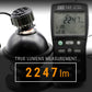 Luminous flux meter measuring light output of a lamp with displayed lumens.