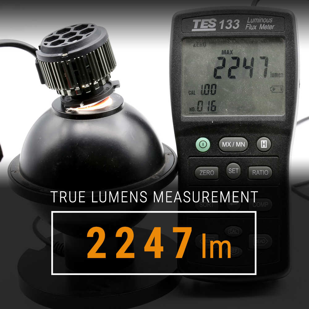 Luminous flux meter measuring light output of a lamp with displayed lumens.