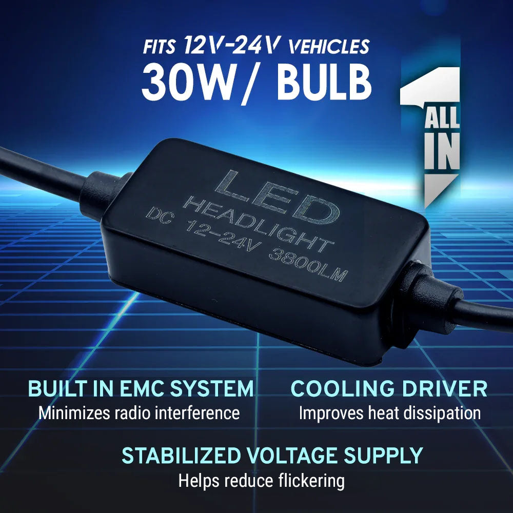 LED headlight bulb driver with specifications on a blue grid background