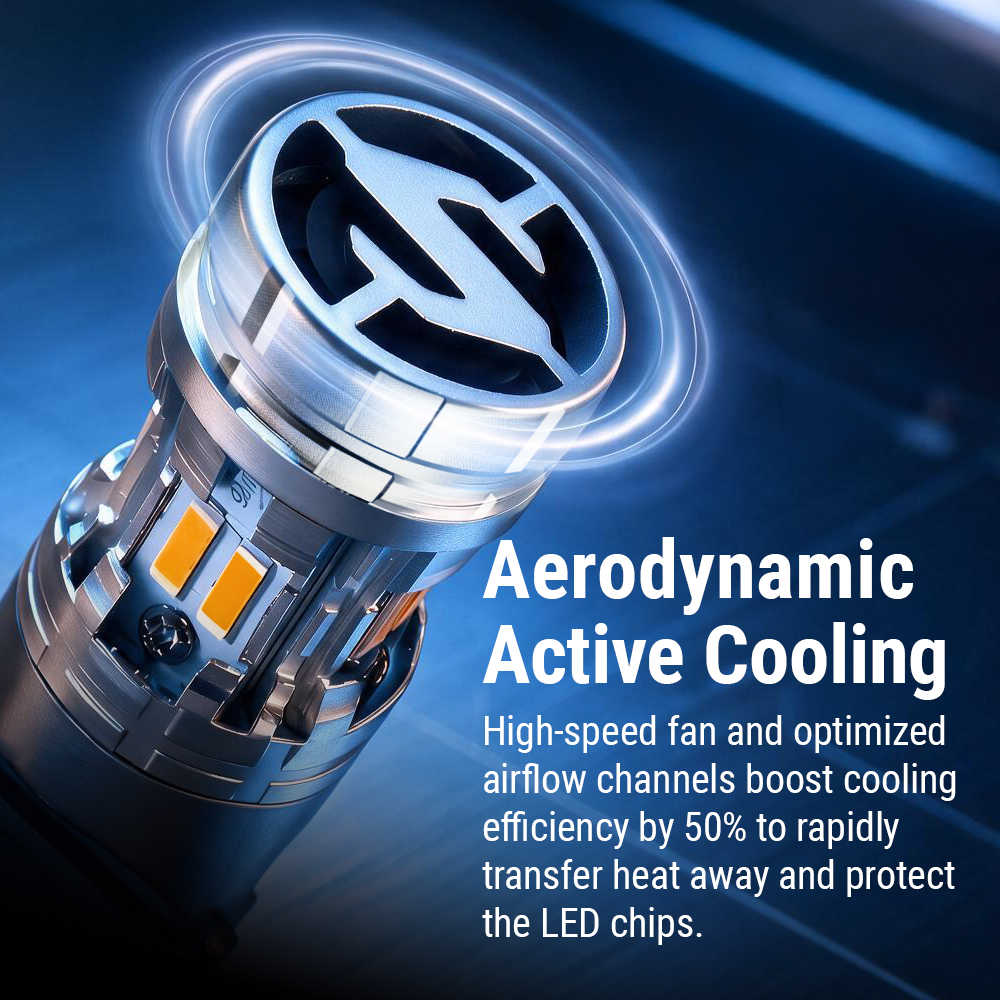 A close-up promotional render of a cylindrical LED light or vape component with glowing blue and white airflow effects and text reading 'Aerodynamic Active Cooling' on a dark blue background.
