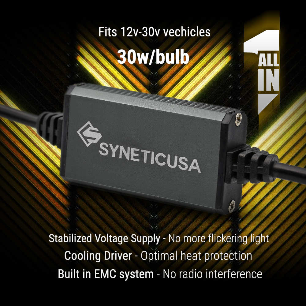 SYNETICUSA stabilized voltage supply for 12v-30v vehicles with text on a black and yellow striped background