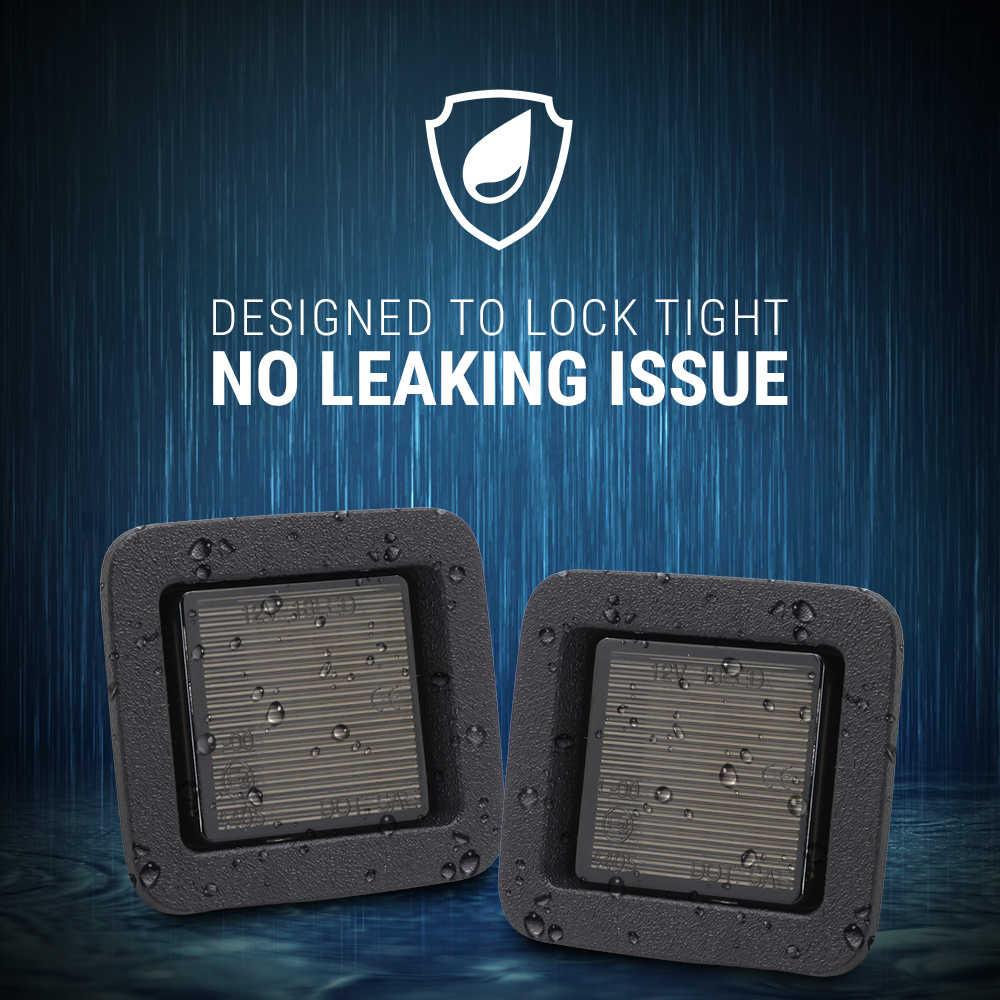 Two black square seals with water droplets on a blue background, featuring text 'Designed to lock tight, no leaking issue'.