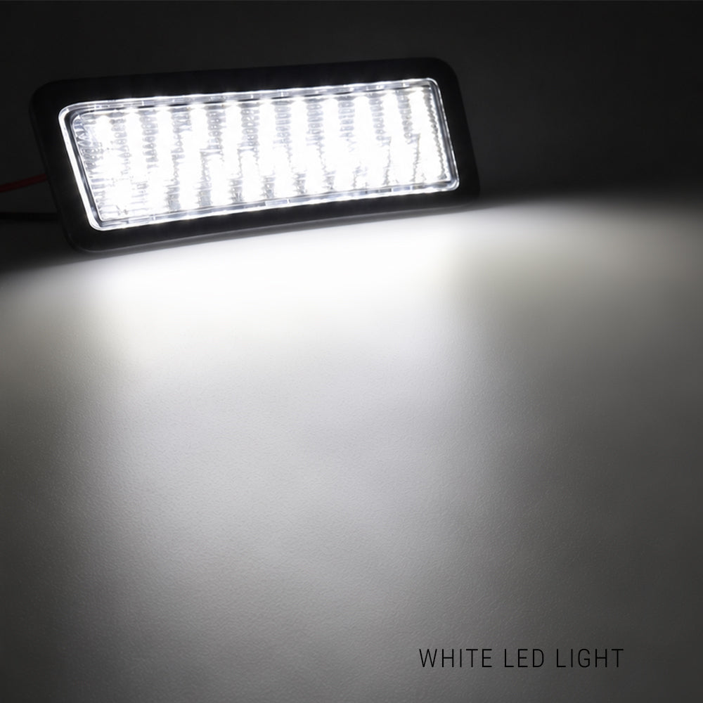 A rectangular black LED light bar casting a bright white beam of light onto a dark surface, with the text 'WHITE LED LIGHT' in the bottom right corner.