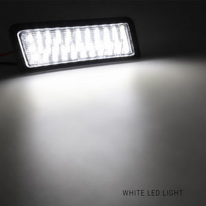 A rectangular black LED light bar casting a bright white beam of light onto a dark surface, with the text 'WHITE LED LIGHT' in the bottom right corner.