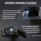 Black heavy-duty cargo door lockable struts and stainless steel lockable panels shown on a dark background, with a truck cab door open in the upper right and marketing text about secure lockable access.