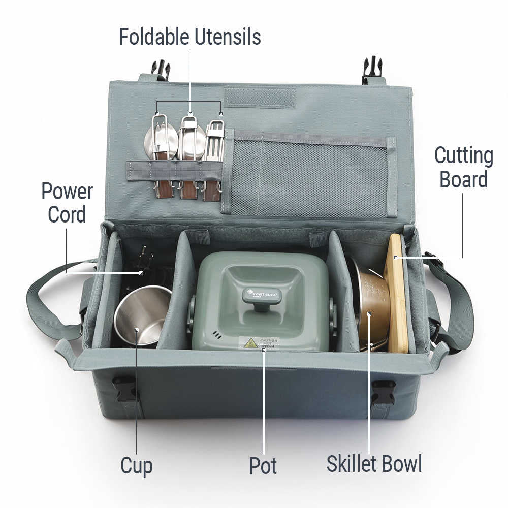 An open gray camping kitchen organizer bag shown on a white background with labeled callouts for foldable utensils, cutting board, power cord, cup, pot, and skillet bowl.