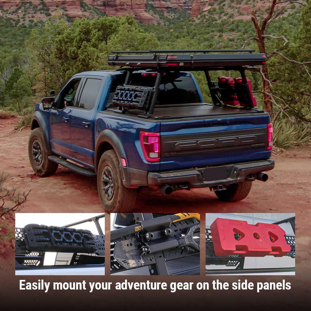 Blue f150 with PRO Quad Pack includes roof rack and adventure gear in a desert setting