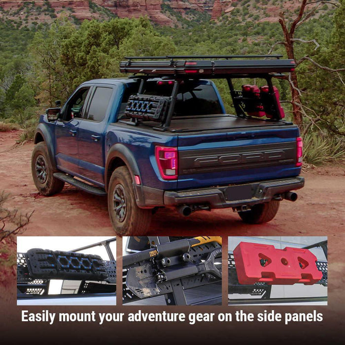 Blue f150 with PRO Quad Pack includes roof rack and adventure gear in a desert setting