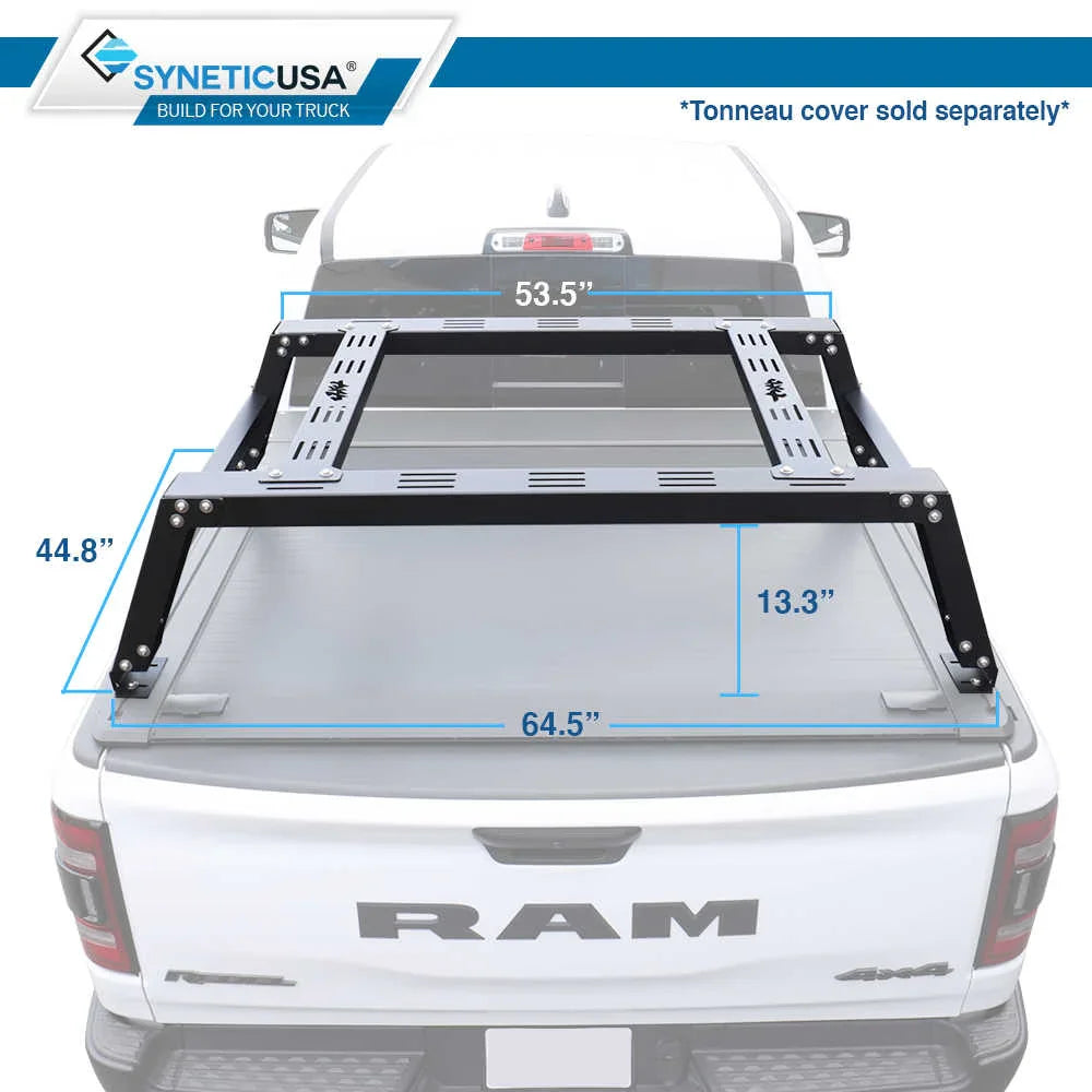 Truck bed cover system with dimensions labeled on a white truck, featuring SYNETICUSA branding.