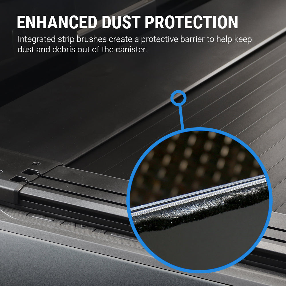 Close-up of a black canister or container with integrated strip brushes and a blue circular inset showing the brush detail, with text reading 'ENHANCED DUST PROTECTION' and a descriptive callout.