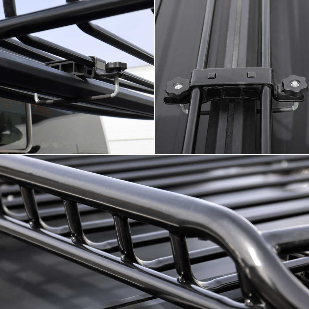 Collage of a metal cargo backset system with close-up details on a vehicle.