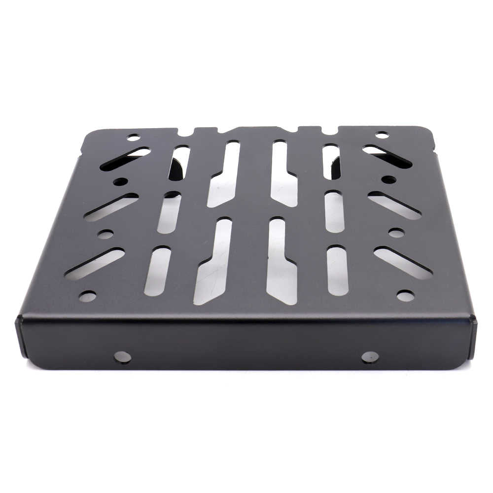 A black metal mounting bracket with multiple cutouts and screw holes, shown on a plain white background.