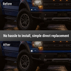 Before-and-after comparison showing a small white LED light on the front bumper of a blue truck. The top image is labeled 'Before' and shows the light as a small white dot in a dark environment.