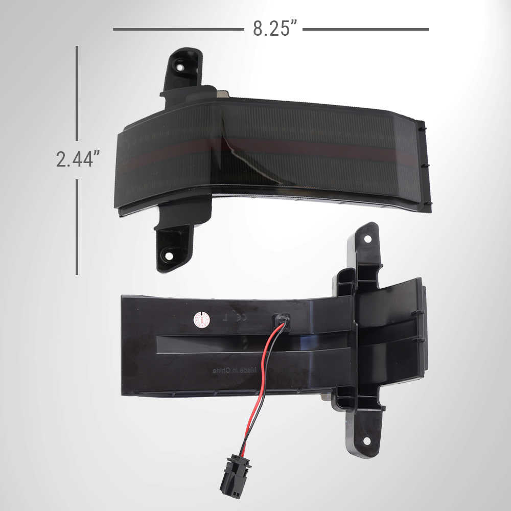 Car side mirror light assembly with dimensions on a white background