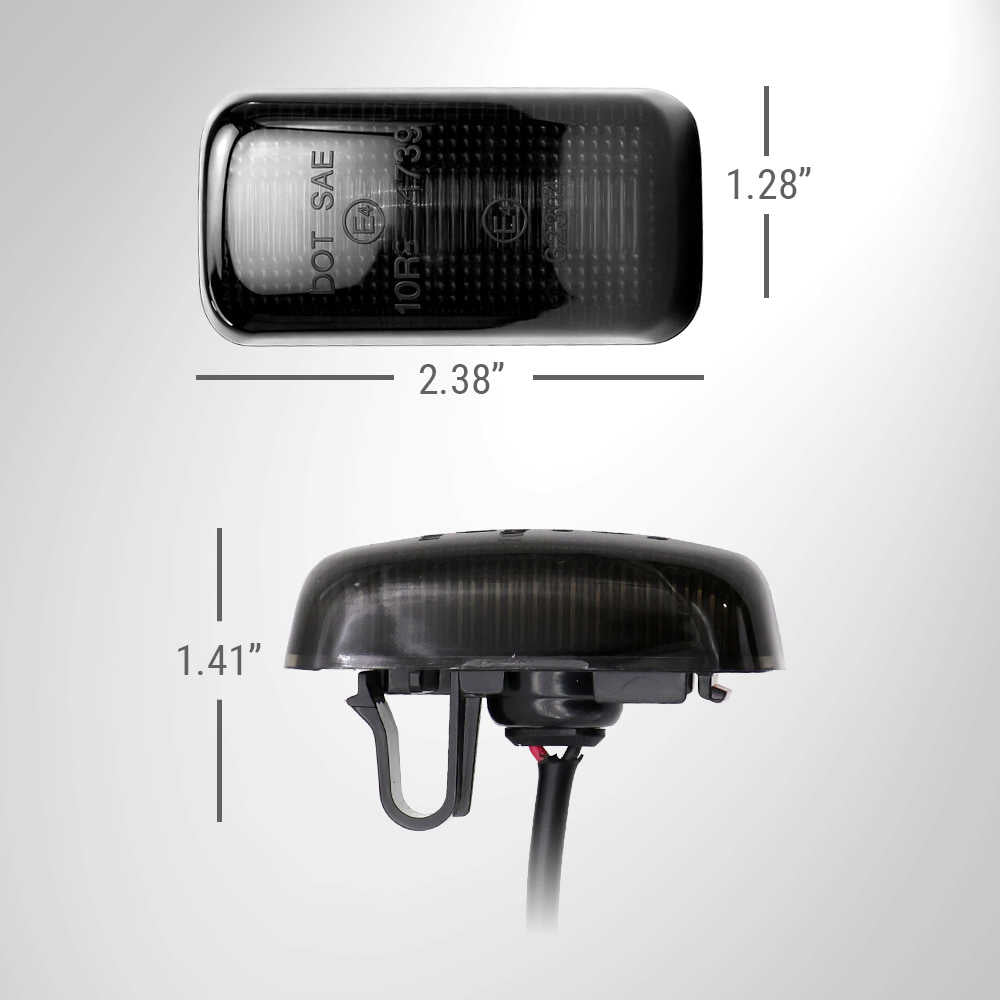 Black LED light with measurements on a gray background
