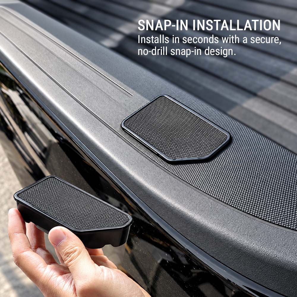 A hand holds a black textured snap-in accessory next to a vehicle step rail, with text reading 'SNAP-IN INSTALLATION' and 'Installs in seconds with a secure, no-drill snap-in design.'.