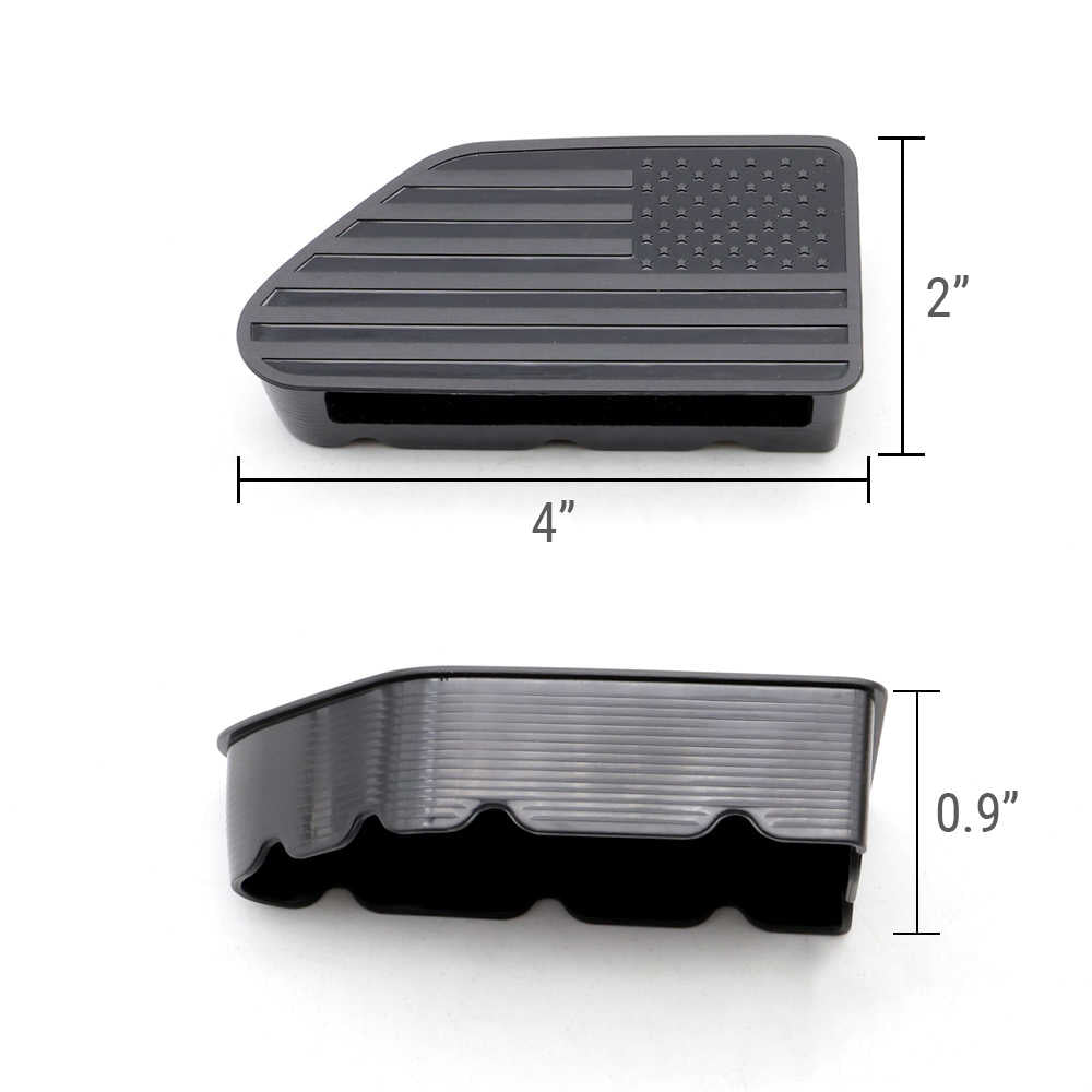 Black plastic step stool or step pad shown from two angles with dimension markings: 4 inches wide, 2 inches high, and 0.9 inches deep, on a white background.