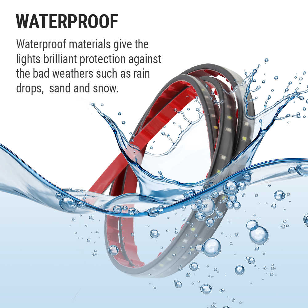 Waterproof material protecting lights from rain, sand, and snow with water splashing around.