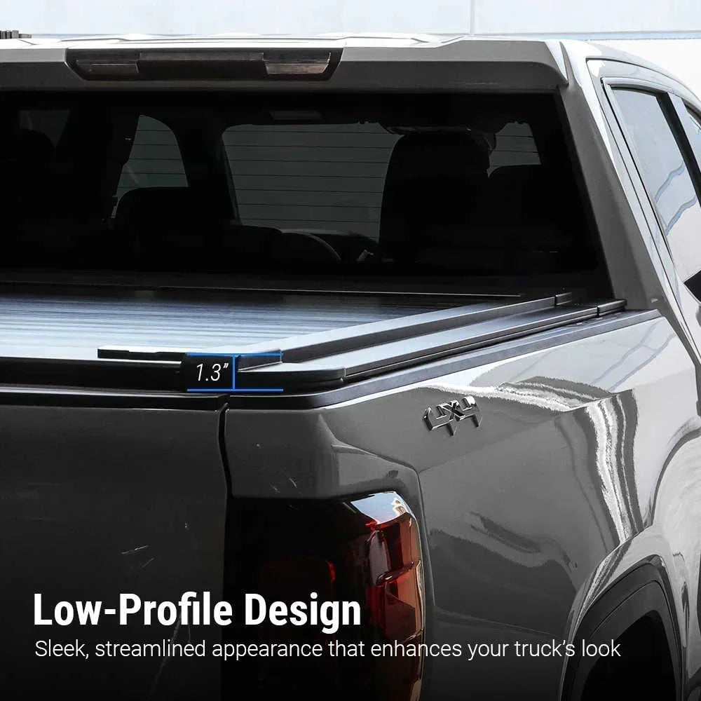 Truck with a low-profile design feature on the rear window, showcasing sleek and streamlined appearance.