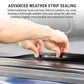 Hand applying a weather strip seal to a car roof, with text about advanced weather strip sealing.