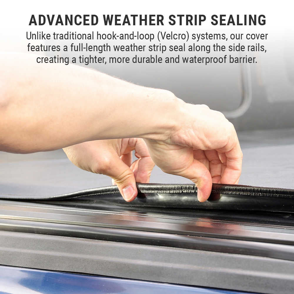 Hand applying a weather strip seal to a car roof, with text about advanced weather strip sealing.