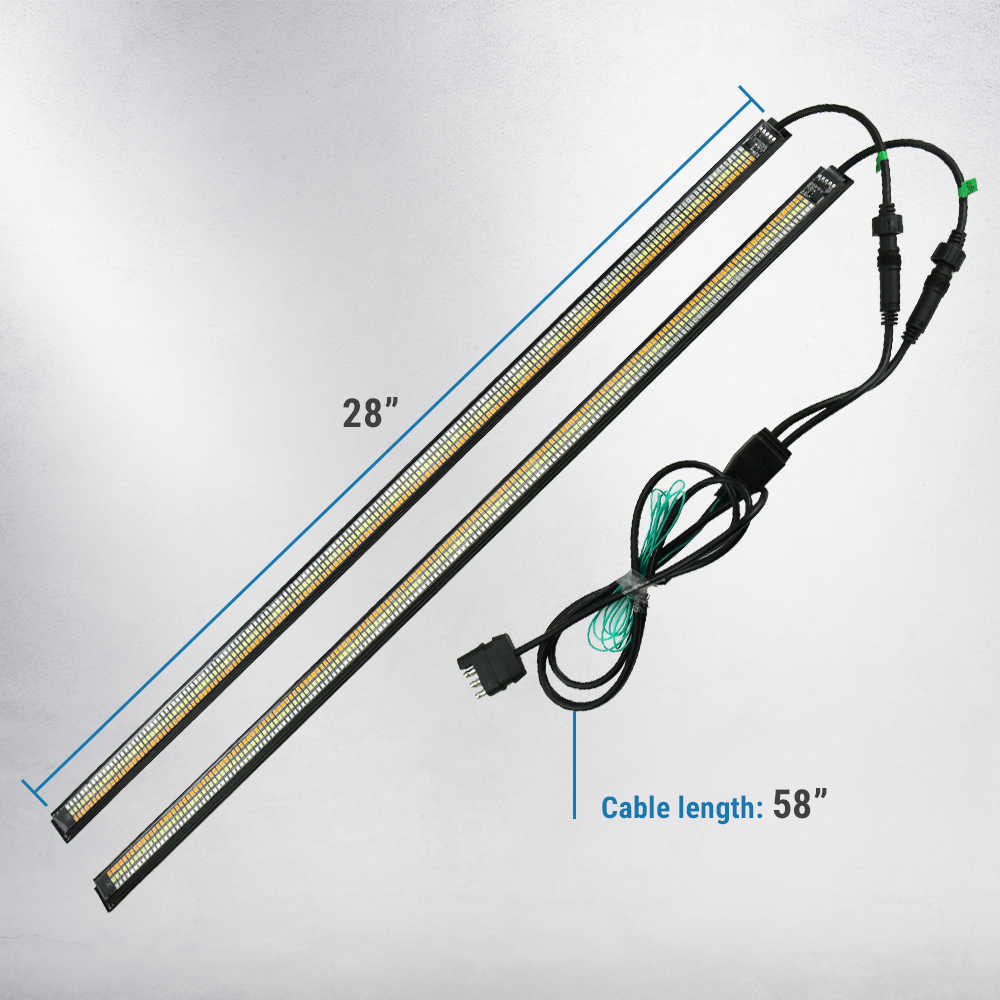 Two LED light strips with a cable on a gray background, showing measurements.